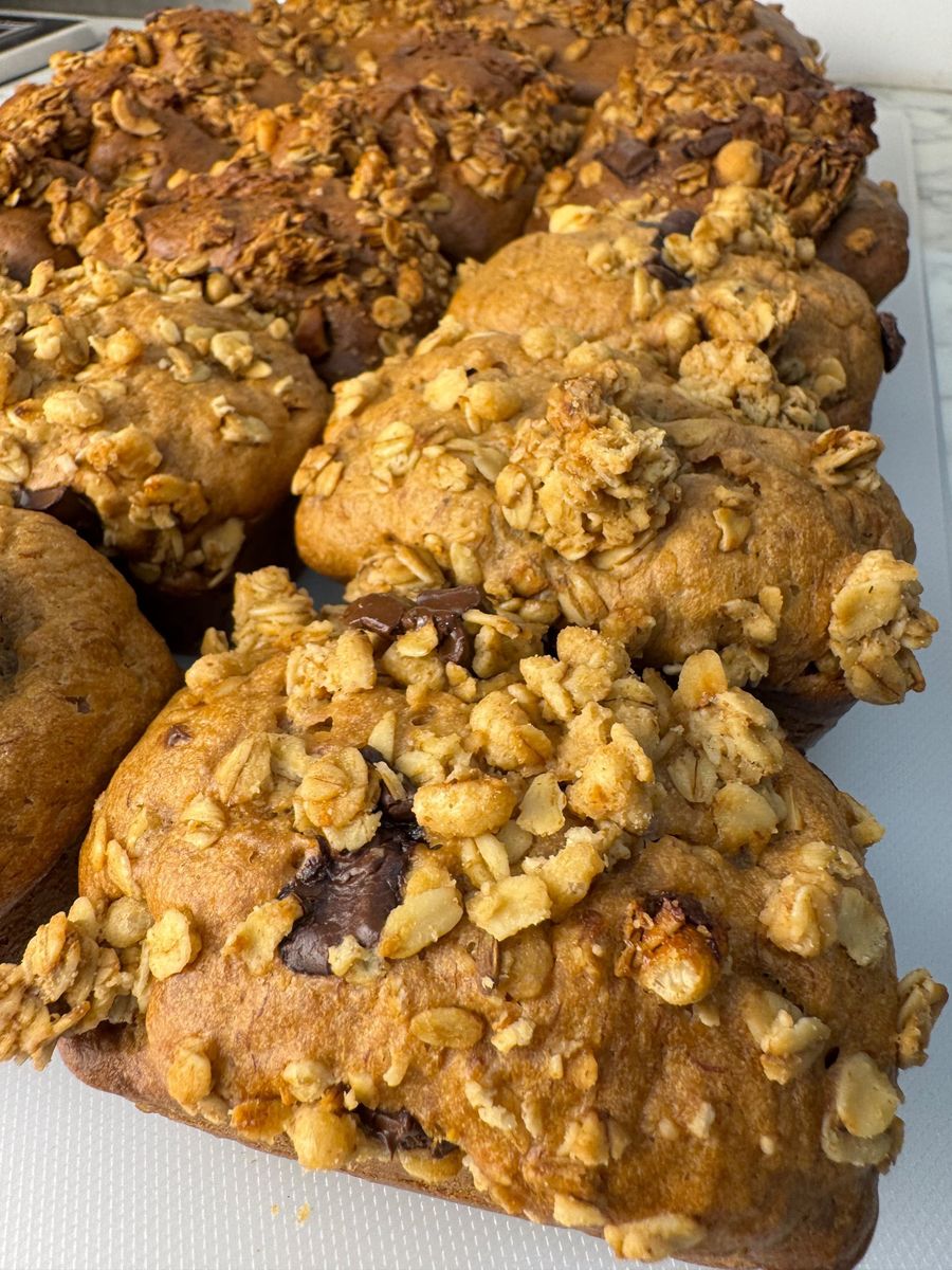 Banana bread with granola and chocolate